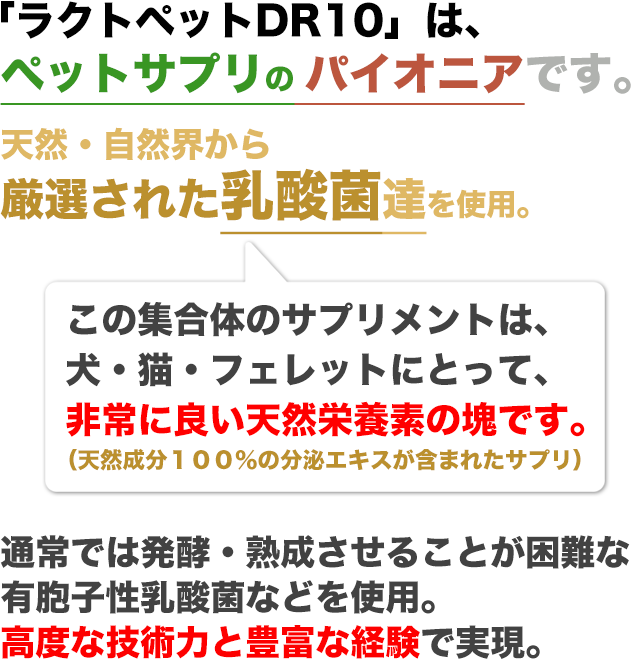 ラクトペット DR10は、ペットサプリのパイオニアです。